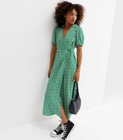 New Look Green Floral Collared Short Sleeve Midi Wrap Dress